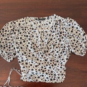 Zara Black and White Floral Wrap Blouse (Medium)